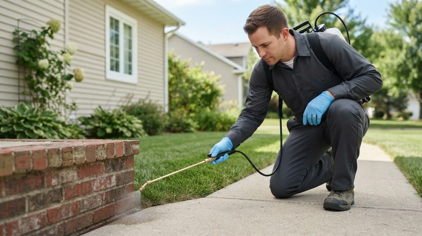 Pest control technician treating a home near Bridgton, ME