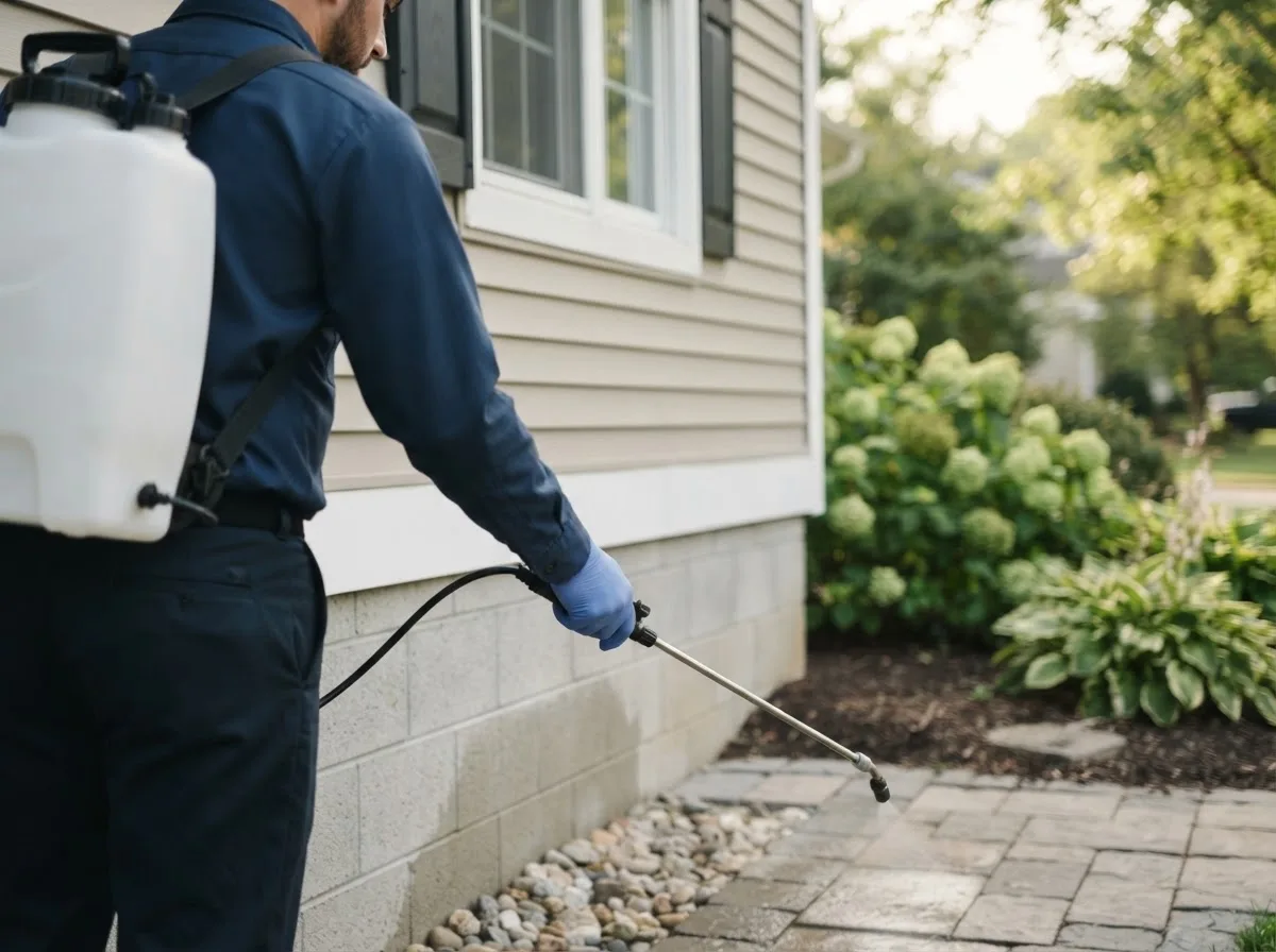 Pest control technician inspecting a home in Bridgton, ME